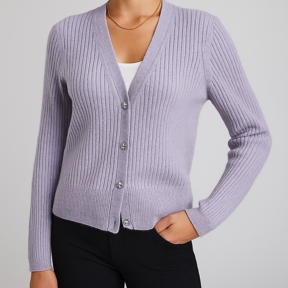 The Cashmere Project Ribbed 100% Cashmere Cardigan Sweater in Lilac Size Small - Picture 1 of 6